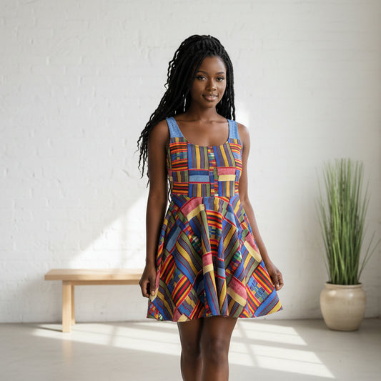 Womens Skater Dress — Colorful Geometric Patchwork Print