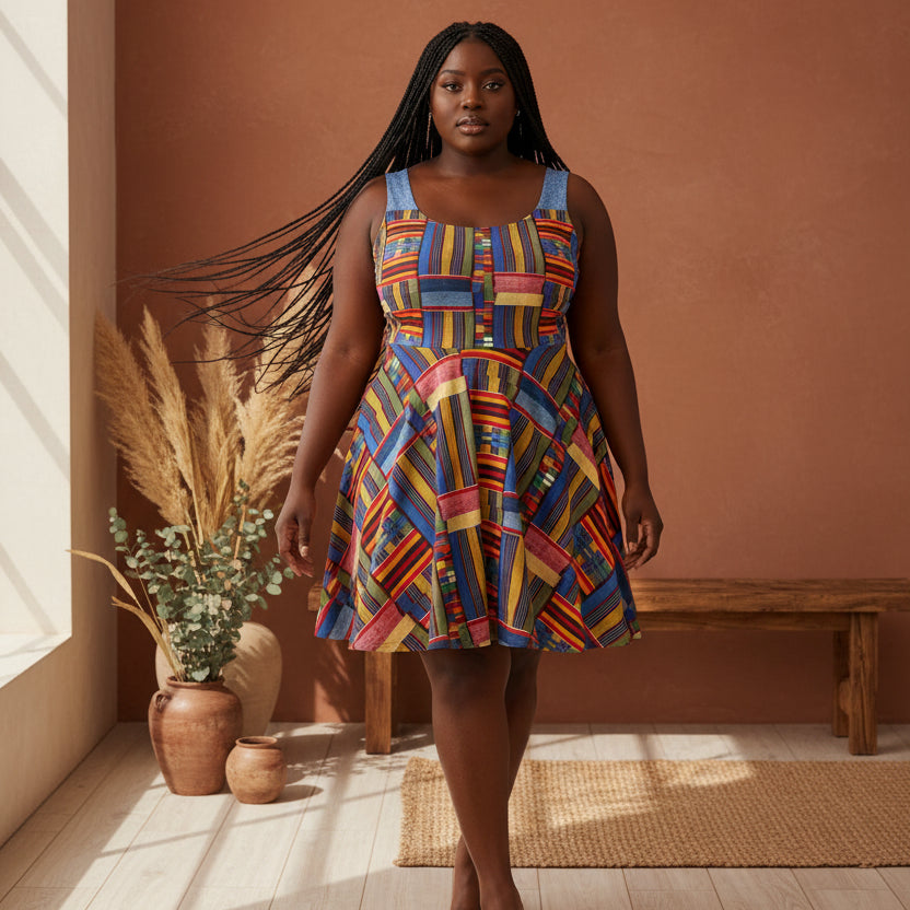 Womens Skater Dress — Colorful Geometric Patchwork Print