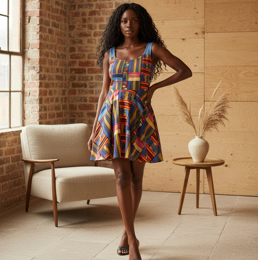 Womens Skater Dress — Colorful Geometric Patchwork Print