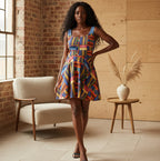 Womens Skater Dress — Colorful Geometric Patchwork Print