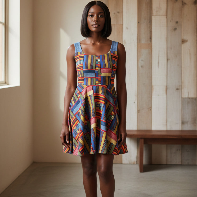 Womens Skater Dress — Colorful Geometric Patchwork Print