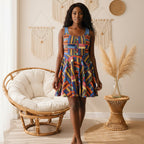 Womens Skater Dress — Colorful Geometric Patchwork Print