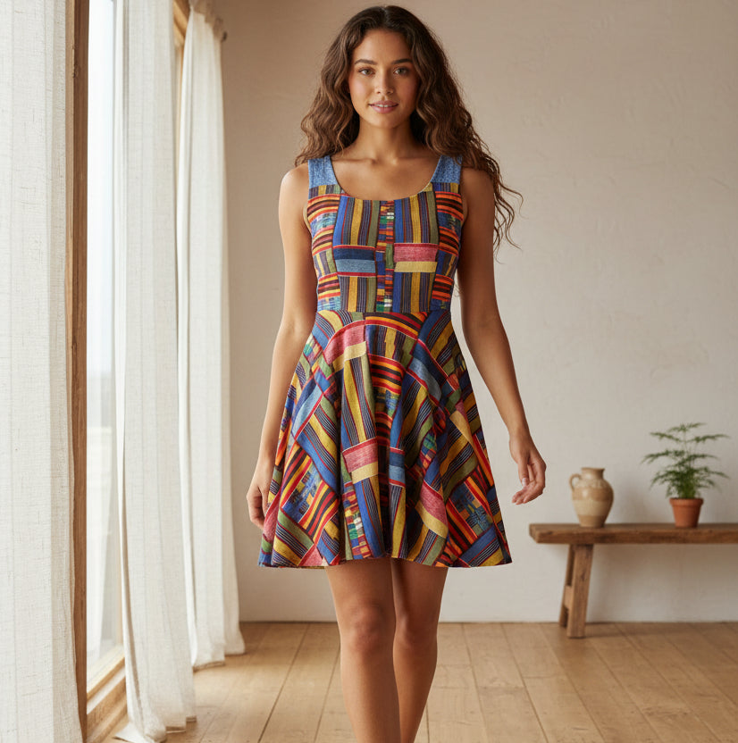 Womens Skater Dress — Colorful Geometric Patchwork Print