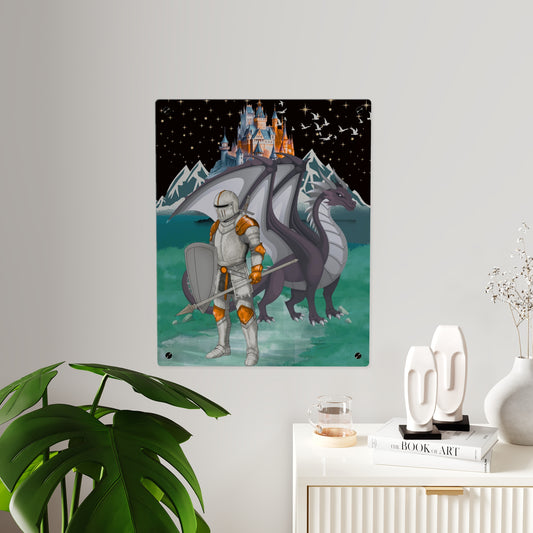 Knight and Dragon Acrylic Wall Art Panel — Fantasy Castle Nightscape Décor