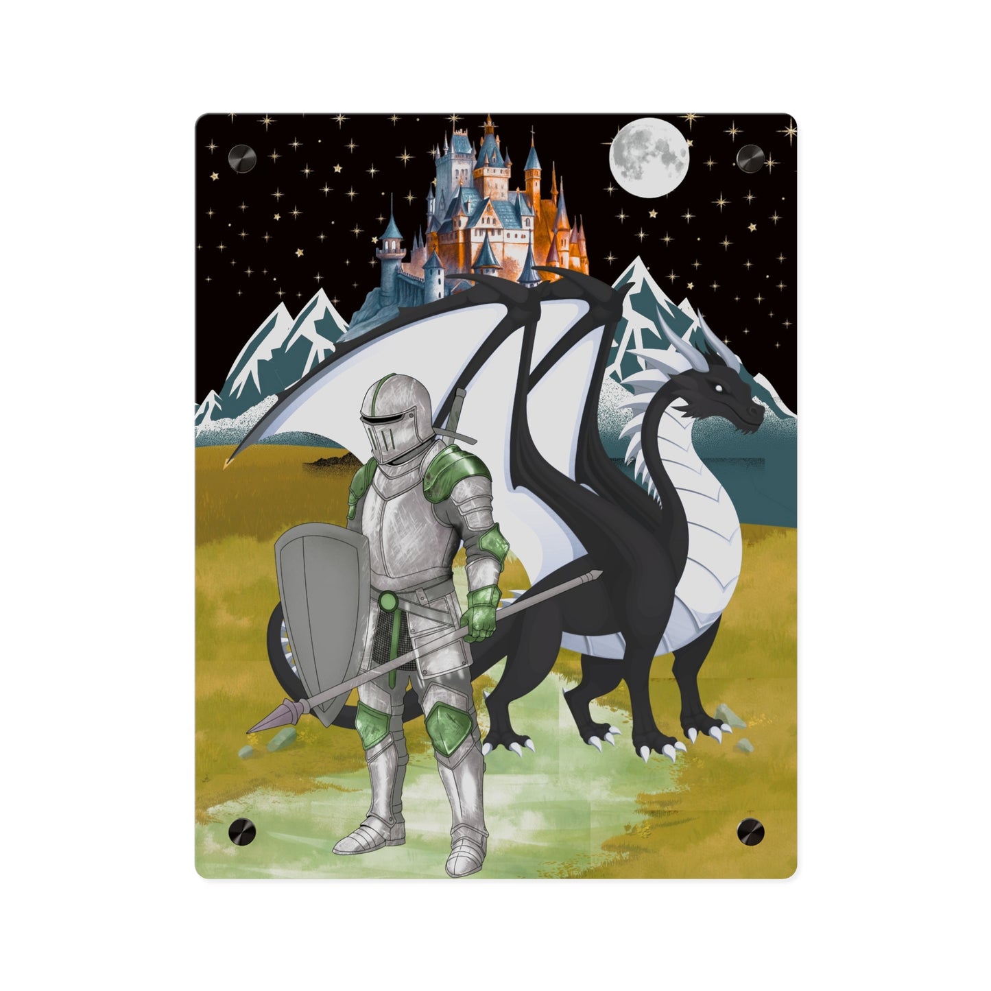 Knight and Dragon Acrylic Wall Art Panel — Fantasy Castle Nightscape Décor