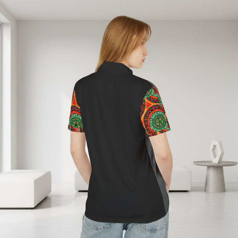 African Mandala Print Polo Shirt — Bold Orange & Green Tribal Pattern