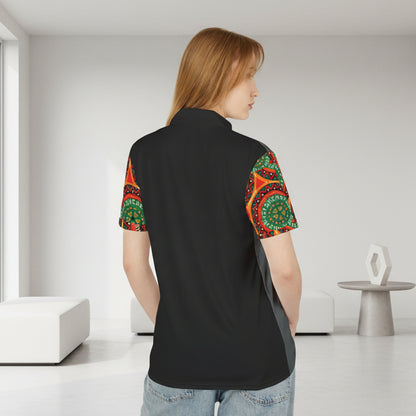 African Mandala Print Polo Shirt — Bold Orange & Green Tribal Pattern