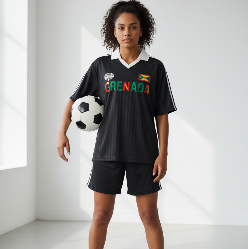 Grenada Flag Themed Graphic Collar Striped Soccer Jersey