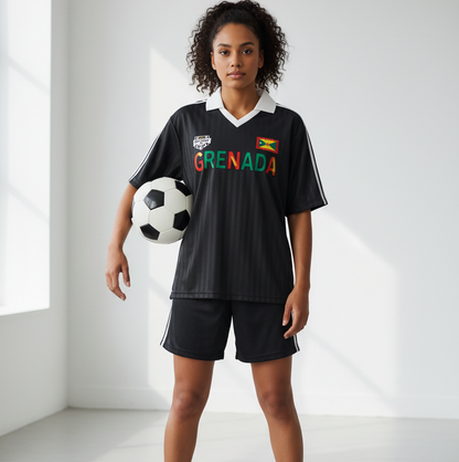 Grenada Flag Themed Graphic Collar Striped Soccer Jersey