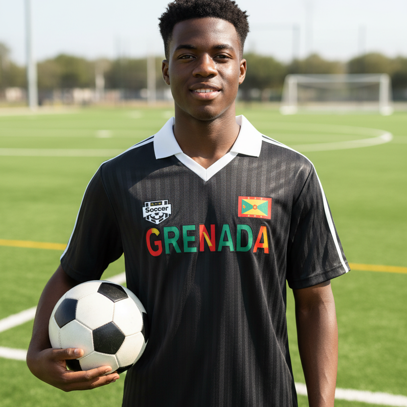Grenada Flag Themed Graphic Collar Striped Soccer Jersey