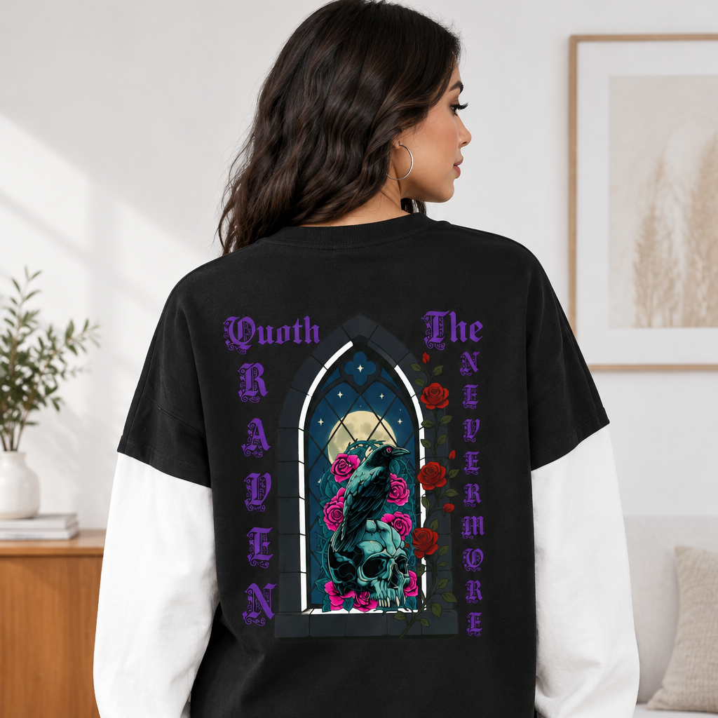 Quoth The Raven Layered Contrast Sleeve Cotton Unisex T-Shirt