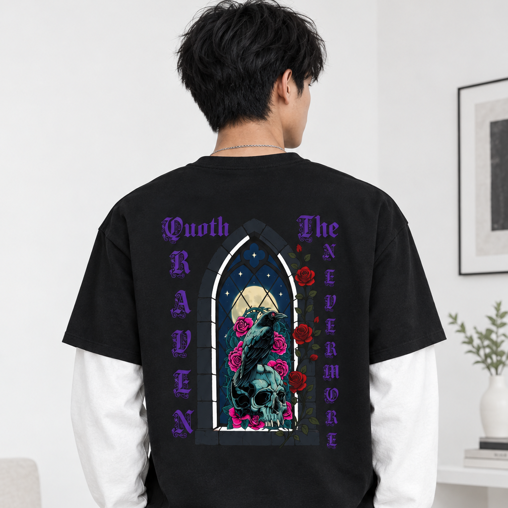 Quoth The Raven Layered Contrast Sleeve Cotton Unisex T-Shirt