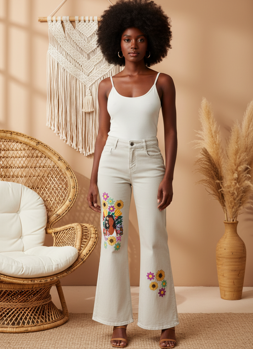 Afro Music Themed Graphic Women's Vintage Wash Flared Leg Jeans