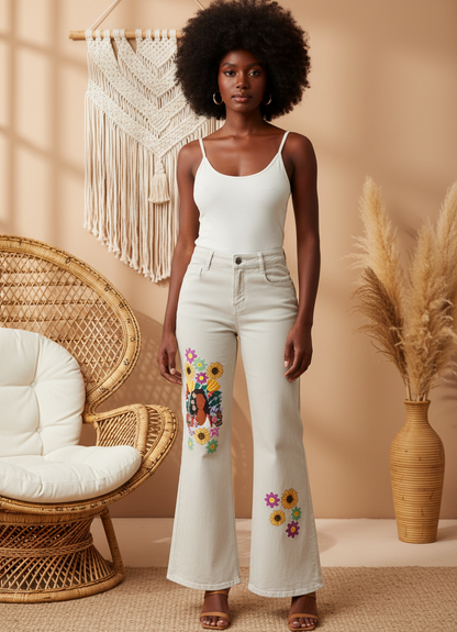 Afro Music Themed Graphic Women's Vintage Wash Flared Leg Jeans
