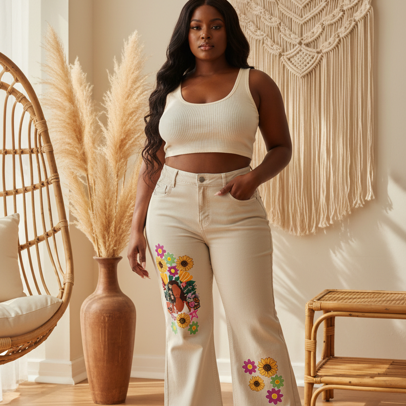 Afro Music Themed Graphic Women's Vintage Wash Flared Leg Jeans