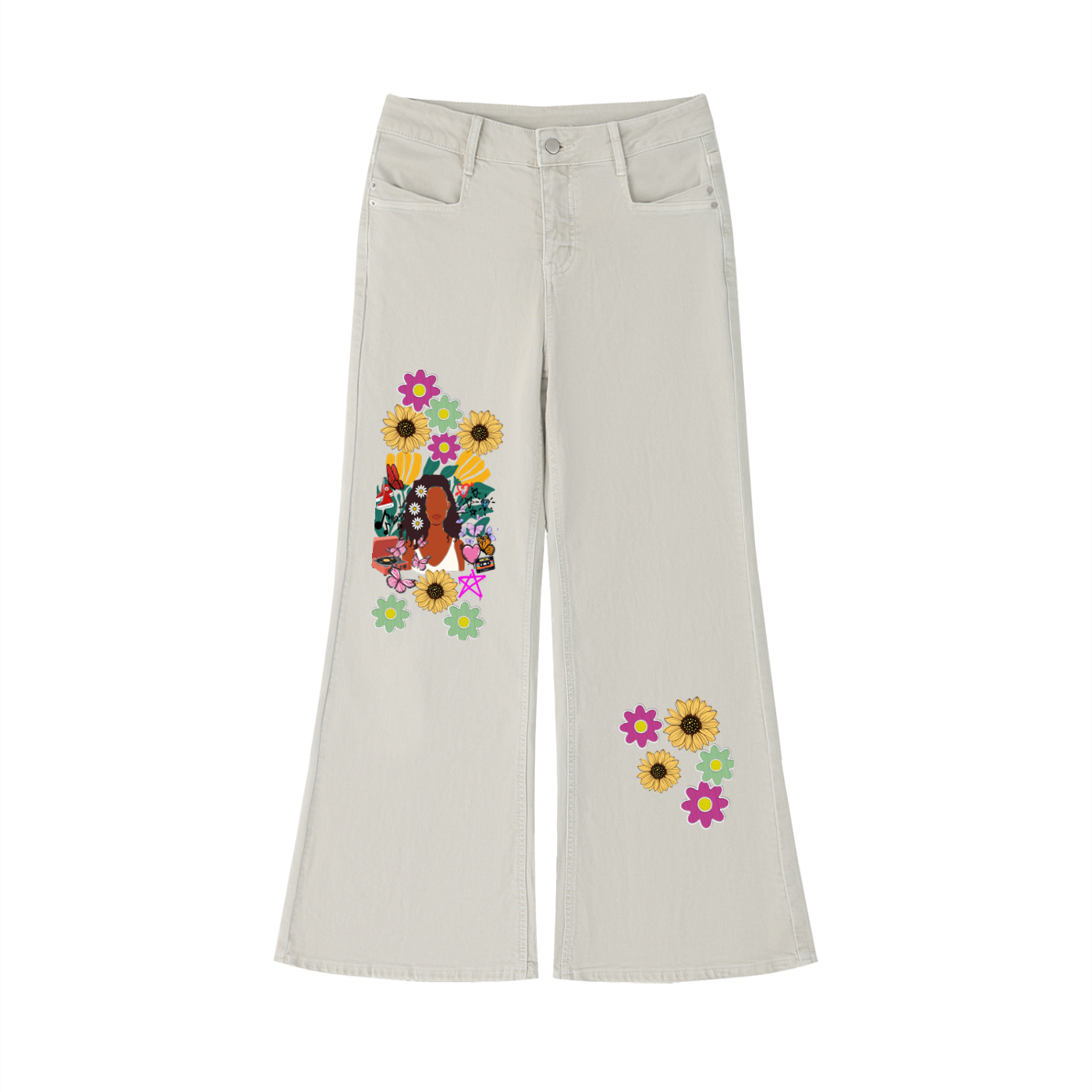 Afro Music Themed Graphic Women's Vintage Wash Flared Leg Jeans