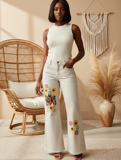 Afro Music Themed Graphic Women's Vintage Wash Flared Leg Jeans