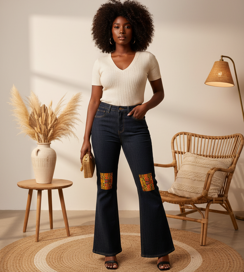 Kente Print Patch Women's High-Rise Flared Jeans