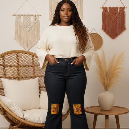 Kente Print Patch Women's High-Rise Flared Jeans