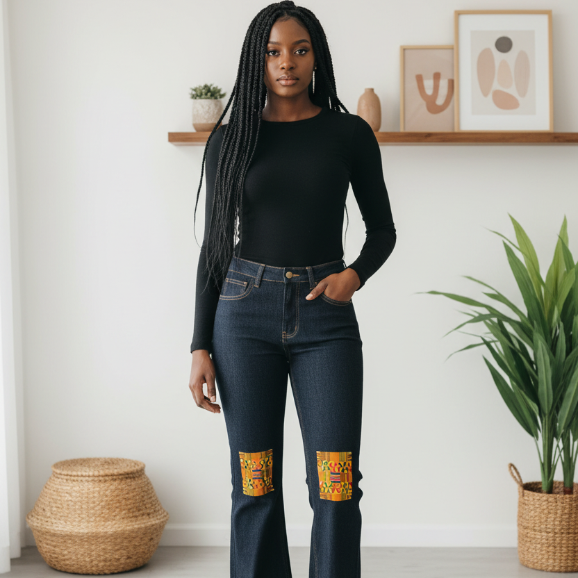 Kente Print Patch Women's High-Rise Flared Jeans