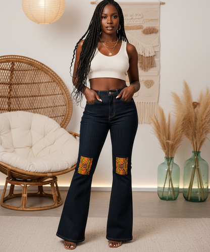 Kente Print Patch Women's High-Rise Flared Jeans