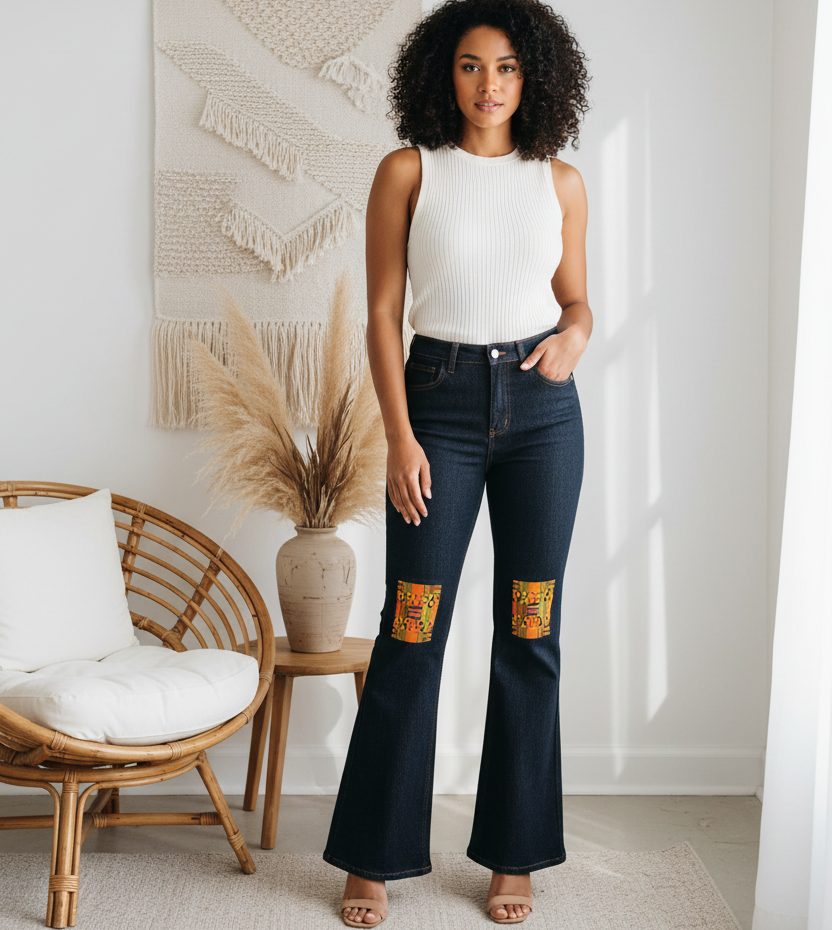 Kente Print Patch Women's High-Rise Flared Jeans