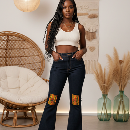 Kente Print Patch Women's High-Rise Flared Jeans