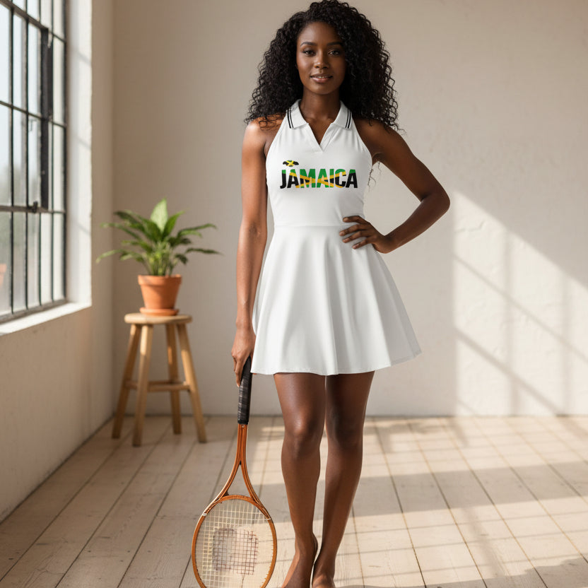 Women's A-Line Tennis Dress featuring  Jamaica Flag Motif with A Collared Halter Neckline.