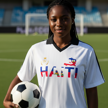 Haiti Flag Themed Contrast Collar Striped Soccer Jersey