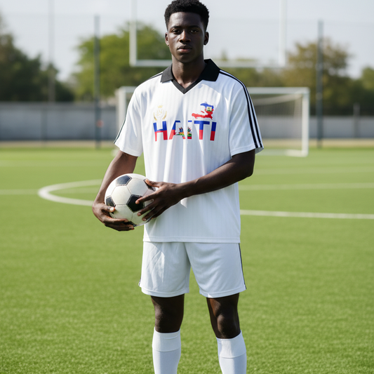 Haiti Flag Themed Contrast Collar Striped Soccer Jersey