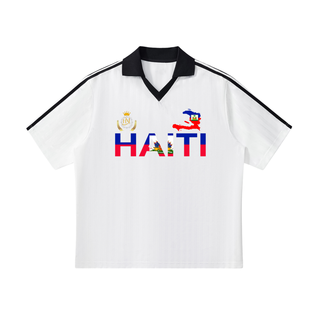 Haiti Flag Themed Contrast Collar Striped Soccer Jersey