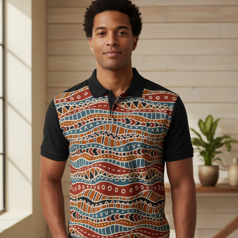 Tribal Wave Polo Shirt — Earth Tones Patterned Polo