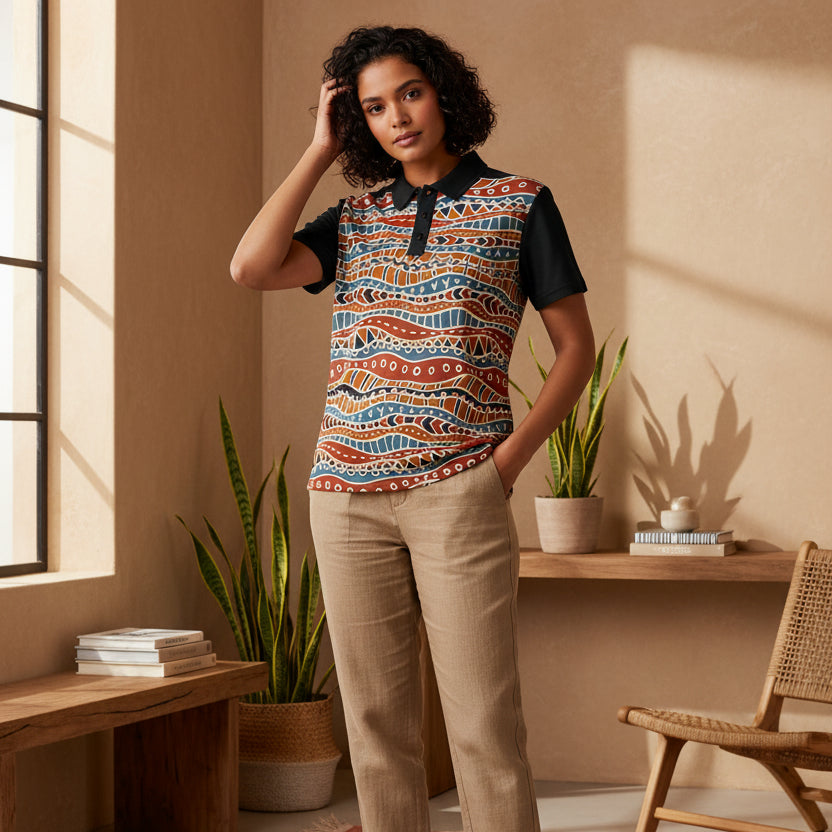 Tribal Wave Polo Shirt — Earth Tones Patterned Polo