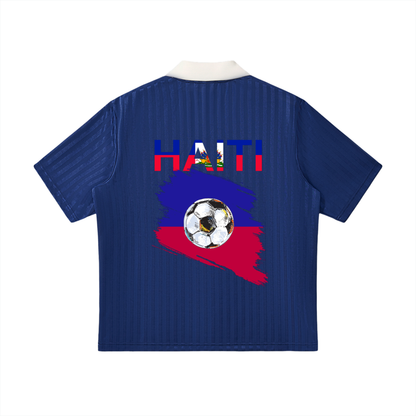 Haiti Flag Themed Contrast Collar Striped Soccer Jersey