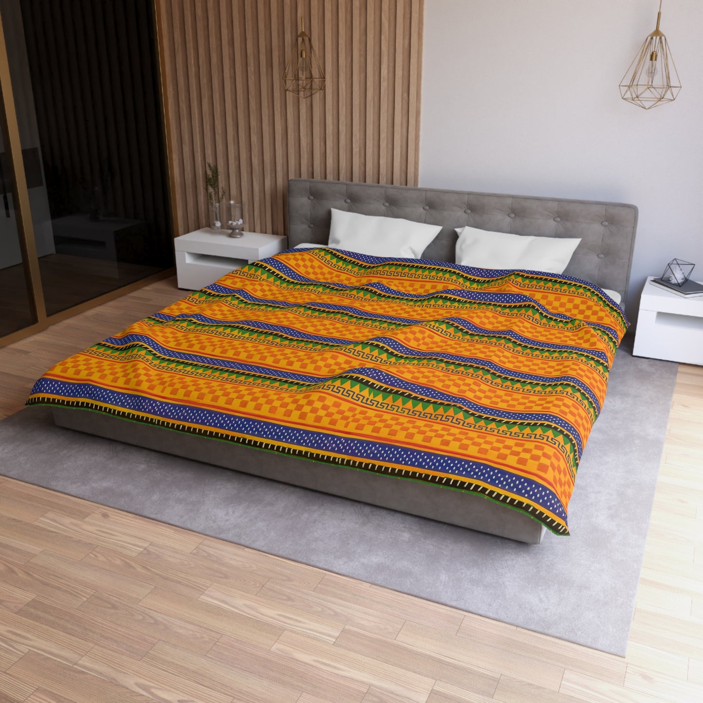 Striped Tribal Pattern Duvet Cover — Boho Orange Microfiber Bedding