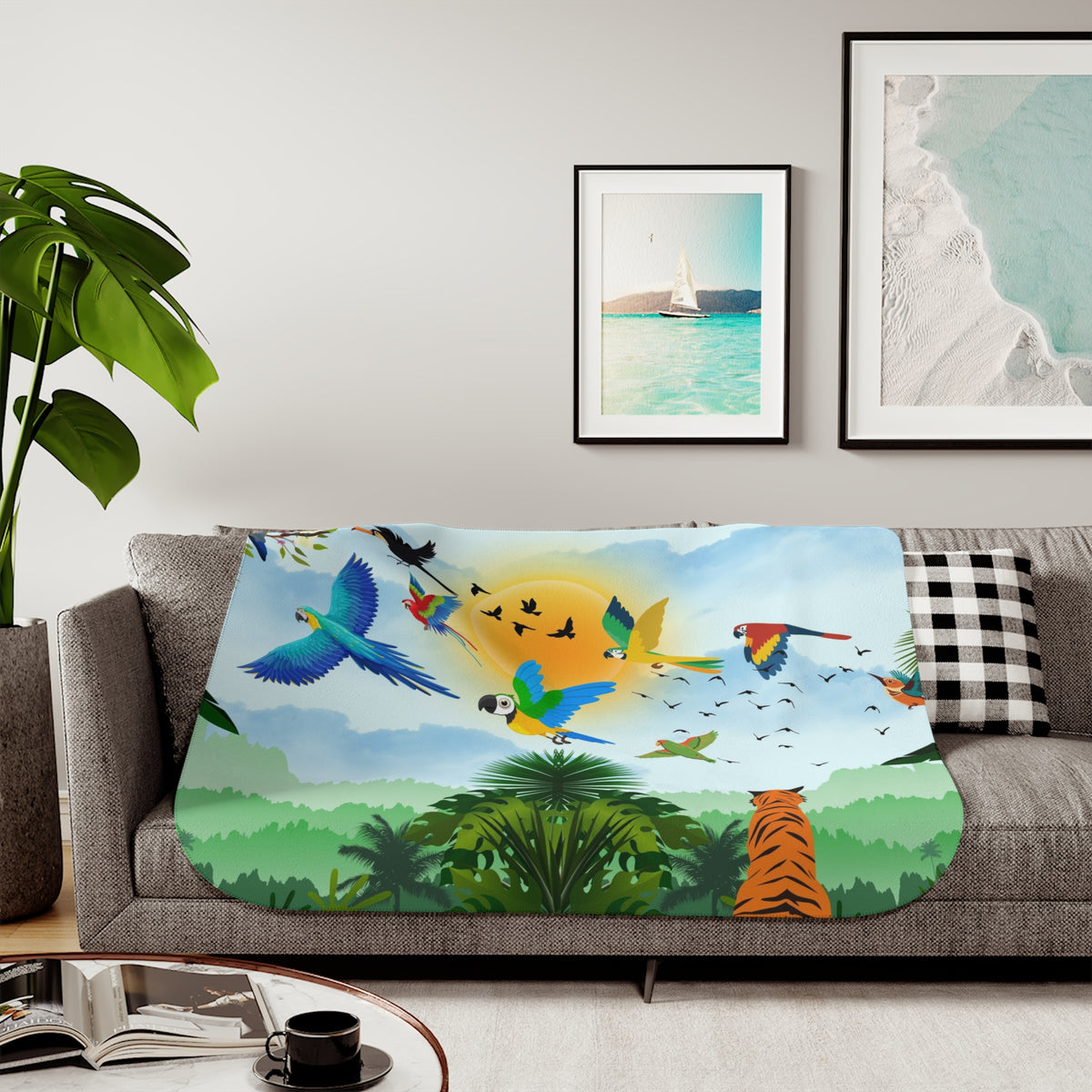 Tropical Wildlife Sherpa Blanket - Cozy Nature-Inspired Throw Printify