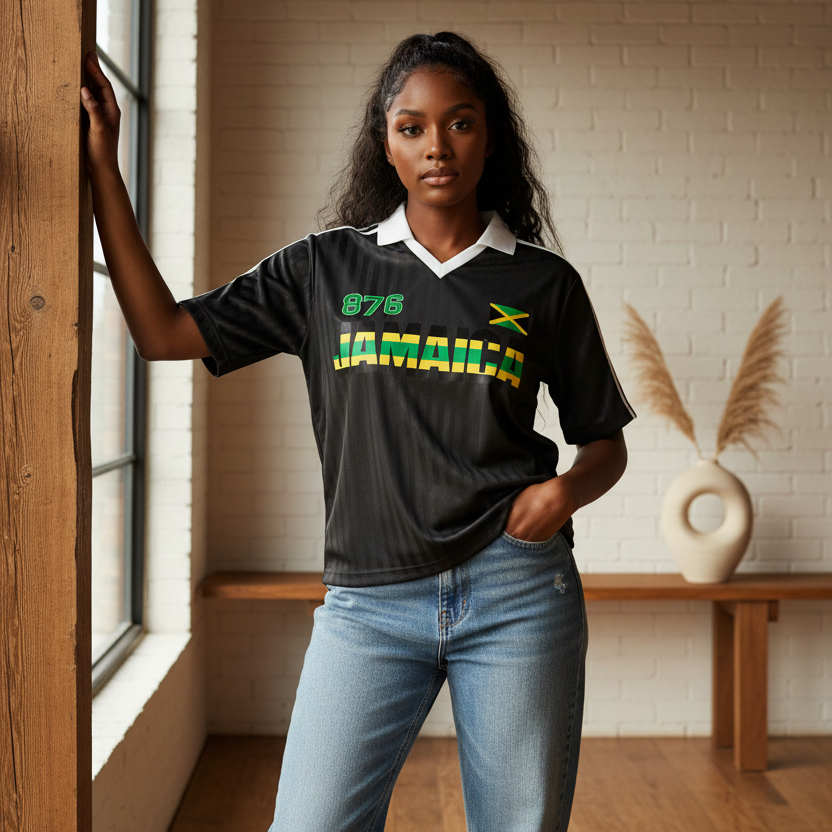 Jamaican Flag Themed Unisex Graphic Contrast Collar Striped Soccer Jersey