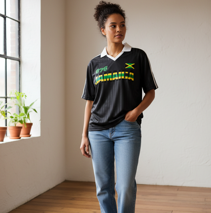 Jamaican Flag Themed Unisex Graphic Contrast Collar Striped Soccer Jersey