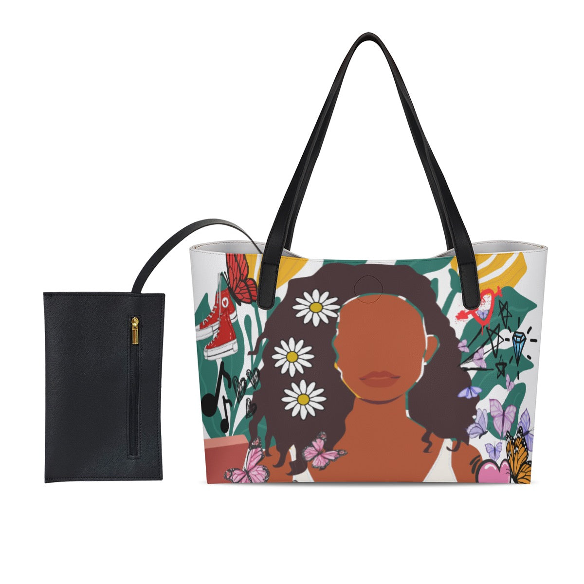 Afro Woman Art Graphic Shopping Tote Bag With Black Mini Purse