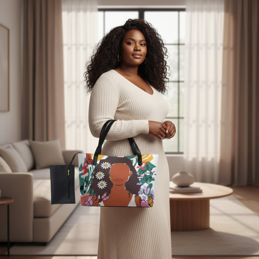 Graphic Shopping Tote Bag Featuring Afro-Centric Art, Accompanied by a Matching Black Mini Purse