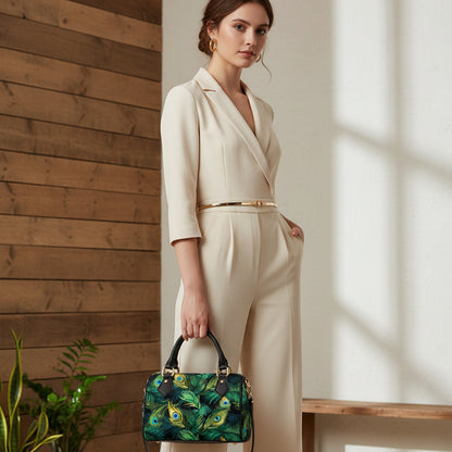 Classic Barrel-Shaped PU Leather Handbag Featuring a Peacock Feather-Inspired Design
