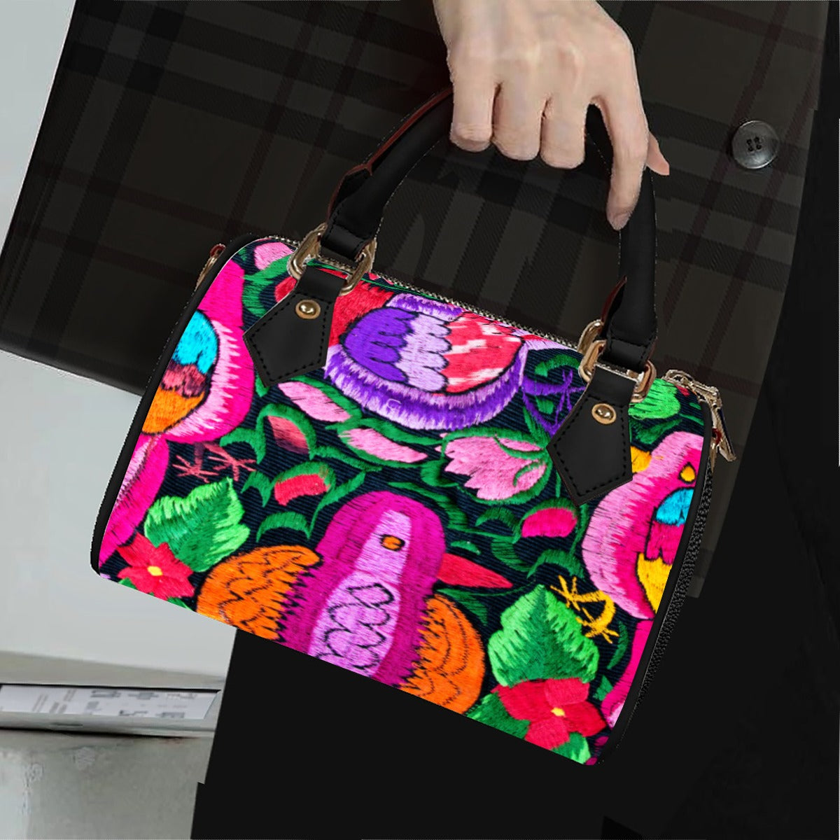 Botanical Ornithology Floral Barrel-Shaped PU Leather Handbag