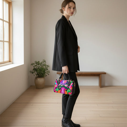 Floral Barrel-Shaped PU Leather Handbag with Botanical Ornithology Print Yoycol
