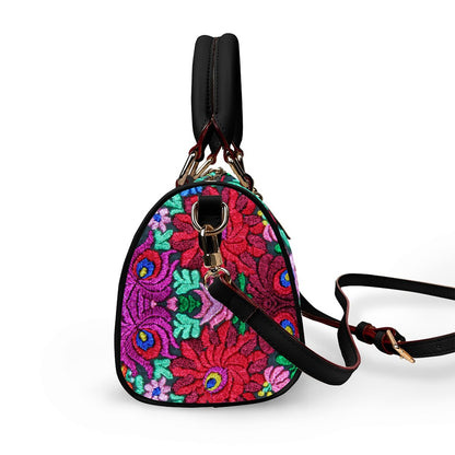 All -Over Colorful Floral Themed Classic Barrel-Shaped PU Leather Handbag