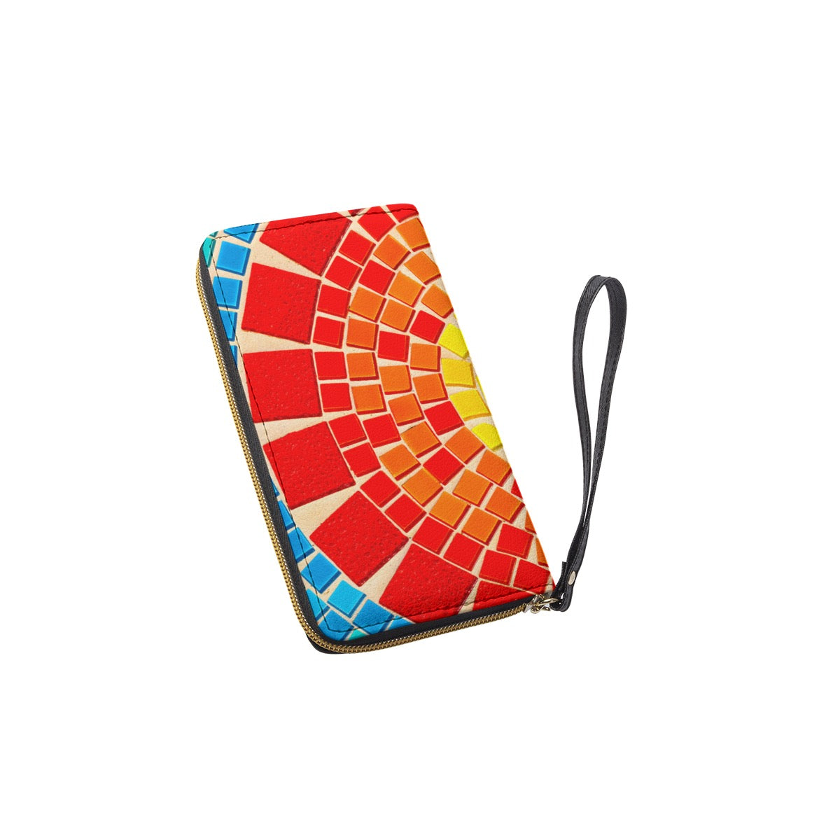 Colorful Tile Art Long Wallet With Black Hand Strap