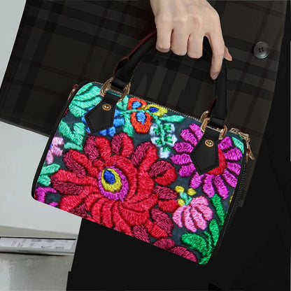 Botanical Floral Themed Barrel-Shaped PU Leather Handbag