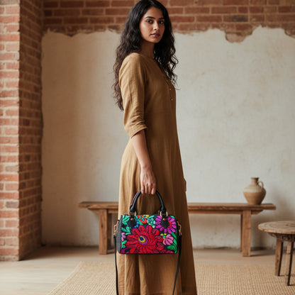 Botanical Floral Themed Barrel-Shaped PU Leather Handbag