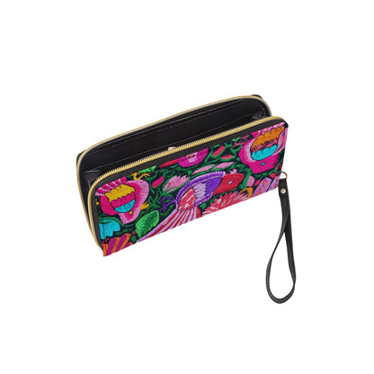 Botanical Bird Themed Long Wallet With Black Hand Strap