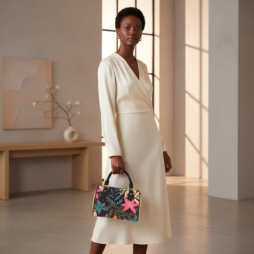 Barrel-Shaped Botanical Floral Handbag in PU Leather
