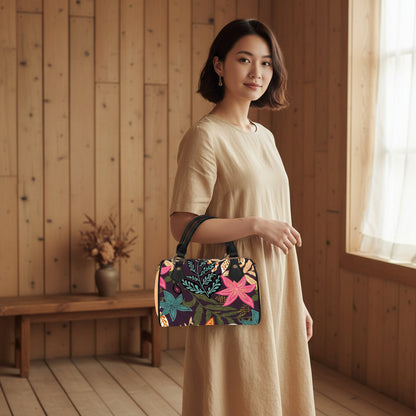 Botanical Floral Barrel-Shaped PU Leather Handbag